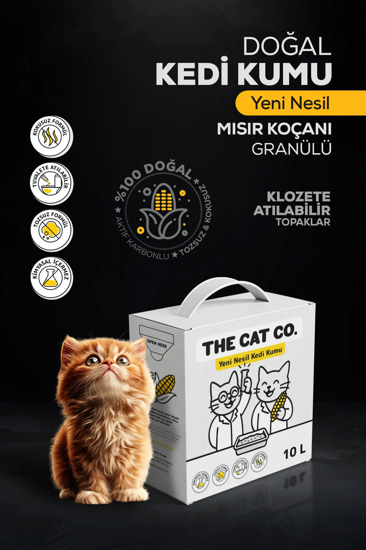 %100 Doğal Aktif Karbonlu Topaklanan Kedi Kumu Tozsuz & Kokusuz, Yüksek Emicilik 10 Litre