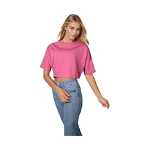 Pembe Bisiklet Yaka Rahat Kalıp Yarasa Kol Pike Kadın Crop T-shirt Pembe
