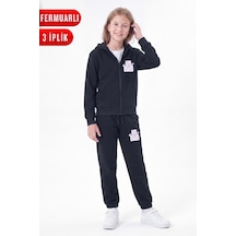 Fyk Kids 3 İplik Kız Çocuk Baskılı Kapüşonlu Fermuarlı Eşofman Takımı Siyah