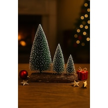 3 Lü Mini Kar Efektli Yılbaşı Noel Ağaç Seti Ahşap Kütük Üzeri Dekoratif Mini Çam Ağaçları 16 11 10 Cm