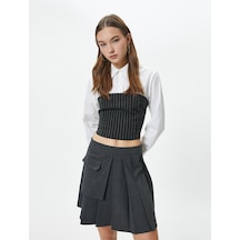 Koton Crop Gömlek Uzun Kollu Straplez Korse Detaylı Slim Fit Siyah Çizgili 4sal60092ıw 4SAL60092IW9S9 Siyah