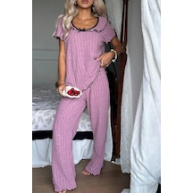 Bella Notte Kadın Pembe Kaşkorse Kısa Kollu Fırfır Detaylı Pijama Takımı Gül kurusu