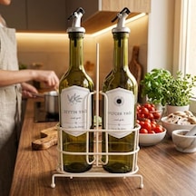 750 Ml 2 Li Yağdanlık Seti Ve Beyaz Metal Stand, Zeytinyağı Ayçiçek Yağı Şişesi, Sızdırmaz Kapaklı Cam Yağlık Sirkelik, Dökme Başlıklı Mutfak Yağlık Sosluk Takımı Açık Gri