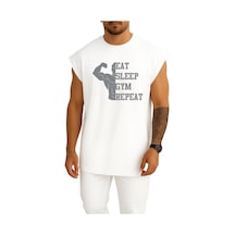 Oversize Eat Sleep Gym Repeat Göğüs Tasarımlı Atlet Beyaz