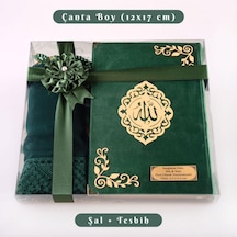 Şal + Tesbih + Kuran Hediye Seti Çanta Boy, Kadife, Şems Lafzatullah, Zeytin Yeşili