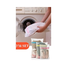 3 Adet Çamaşır Yıkama Filesi Seti Renkli Fermuarlı Beyaz