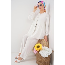 Kadın Önü Bağcıklı Tunik Pantolon İkili Takım 6744 - Beyaz Beyaz