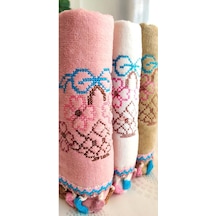 Çeyizlik 50x90 Cm. Kanaviçe Çiçek Desenli Püsküllü Kadife Lüks Havlu Seti 3'lü Set Renkli