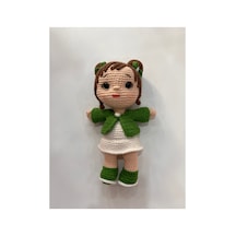 Afra Amigurumi El Örgüsü Bebek 20 Cm Tığ İşi Şirin Kıyafetli Hediyelik Oyuncak Bebek Yeşil-beyaz