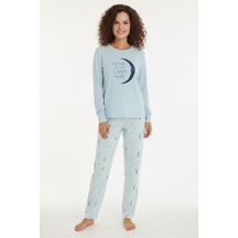 Luxury Thermal Hilal Desenli Kadın Polar Kışlık Pijama Takımı 42064 Lacivert