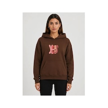 Herkesemoda Hugs Baskılı Kapüşonlu 2 İplik Şardonlu Sweatshirt Kahverengi