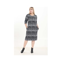 Çift Cepli Desenli Esnek Kışlık Büyük Beden Midi Elbise 8d-2742 Siyah
