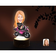 Kişiye Özel Kadın Motorcu Karikatürlü Dekoratif 3D Biblo Led Işık