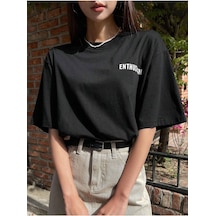 Unisex Siyah Oversize Enthusiasm Baskılı Örme T-shirt Siyah