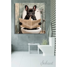 Kare Kanvas Duvar Tablosu Banyo Koridor Kafe Veteriner Ofis Cafe Tuvalette Gazete Okuyan Bulldog Çok Renkli
