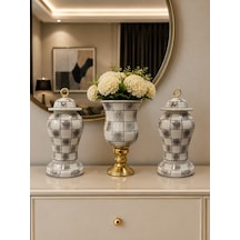 Salon Seti - Gri Damalı Dekoratif Obje Çan Şah Küp Gold