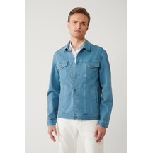 Erkek İndigo Klasik Yaka Kapaklı Cepli Comfort Fit Denim Mont A41y6020