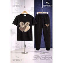 Ss Sinser Çocuk Kalpler Leopar Desenlı Baskılı Tişort Eşofman Takımı Siyah