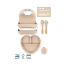 Silikon 5'li Set Latte Bej / Mama Önlüğü, Mama Tabağı, Mama Kaşığı Ve Çatalı, Diş Kaşıyıcı