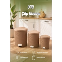 Porsima 0709-2 Stil 3lü Yuvarlak Pedallı İçi Kovalı Çöp Kovası Seti - Banyo Mutfak Çöp Kovası Takımı Mokka Açık Kahverengi