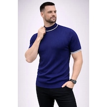 Epilons Zenda1125 Erkek Fitilli Triko Dokuma Kısa Kol Tişört Yarım Boğaz Modern Yazlık T-shirt - Lacivert Zenda478