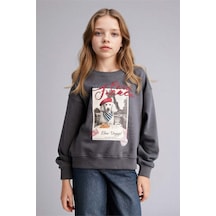 Defacto Relax Fıt Bisiklet Yaka Baskılı Sweatshirt Kız Çocuk E6759a826spar58 Antrasit-ar58