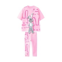 Monila Kız Çocuk Pamuklu Kumaş 3 Boyutlu Peluş Tavşan Detaylı Tshirt Tayt Alt Üst Takım Pembe