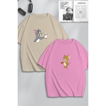 Unisex Kadın Erkek Tom Ve Jerry Çay Baskılı Sevgili Çift Kombini Tasarım Oversize Tshirt 2li Bej Pembe Mck0469 Çok Renkli