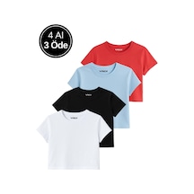 Kadın 4'lü Paket Oversize Crop Tişört %100 Pamuk Bisiklet Yaka T-shirt Mavi