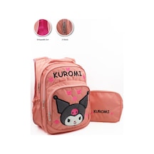 3 Gözlü Tüylü Kuromi İlkokul Çantası + Beslenme - Kuromi İlkokul Kız Çantası Mini Kafalı Turuncu