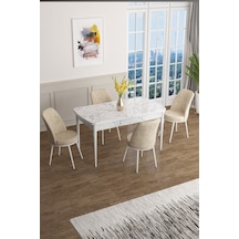 Canisa Concept Han Serisi 70x114, Açılabilir Mdf Mutfak Masa Takımı, Beyaz Mermer Desen Masa 4 Krem Sandalye Masa Beyaz Mermer Desenli Sandalyeler Krem
