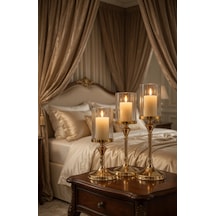 Lumina Gold Royale Şamdan Seti Sırasıyla 39 - 34 - 29cm / Dekoratif Masa Şamdanı Salon & Yemek Masası Mumluk Eskitme Gold