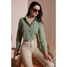 Lela Pamuk Karışımlı Slim Fit Uzun Kollu Crop Bayan Gömlek 6777336 Haki