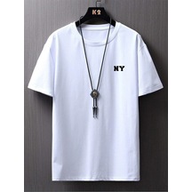 Ny Yazı Süprem T-shirt - Beyaz Baskılı Oversize Bisiklet Yaka Tişört Beyaz-79004