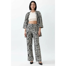 Benerly Kadın Büyük Beden Leopar Desenli Oversize Kimono Takım Geniş Paça siyah