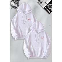 Macklin Sevgili Çift Kombin Spiderman Ve Kız Ağ Baskılı Özel Tasarım Kapüşonlu Sweatshirt 2li Set Takım Beyaz Mck1228 Beyaz
