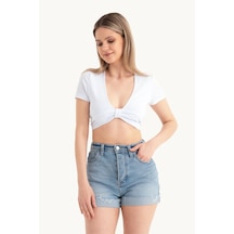 Hiccup Derin V Yaka Önü Bağlamalı Kısa Kollu Crop Top Beyaz
