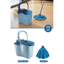 Flora 2 Li Temizlik Seti Mavi, Sıkmalı Temizlik Yer Silme Kovası + Süper Emici Mikrofiber Jumbo Mop