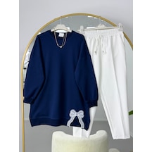 Lovie Moda Kurdele Nakışlı Tesettür Tunik Pantolonlu Takım Lacivert