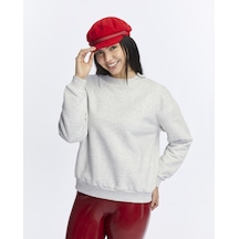 Kadife True Self Love Desenli Gri Melanj Yumuşak Dokulu Regular Fit Bisiklet Yaka Kadın Sweatshirt Gri Melanj