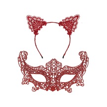 Romantik Kırmızı Dantel Maske Seti Kedi Kulaklı Taç Ve Maske 3 No
