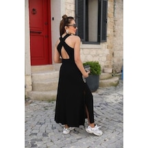 Kadın Arkadan Çapraz Detay Yuvarlak Yaka Maksi Viskon Elbise Siyah