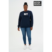 Süperlife Kadın Büyük Beden Ny Newyork Baskılı Bisiklet Yaka İnce Sweatshirt Spr26bswk956-15 Lacivert