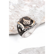 Gümüş Özel Kesim Onix Taşlı Tuğra İşlemeli Erkek Yüzük -5546