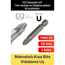 Bitsuç 50 Mm Mıknatıslı Yıldız Vidalama Bits Uç Pz2 Manyetik 1/4" Şarjlı Matkap Ucu Kısa Boy 1 Adet