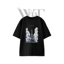 Thewert Eiffel Tower Tasarım Baskılı Ünisex Siyah Oversize T-shirt
