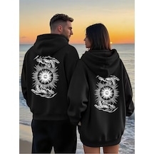 Nevermind Sevgili Çift Kombini Güneş ve El Desenli Hoodie Kapüşonlu Sweatshirt 2li Set Takım 3 İplik Pamuk Siyah