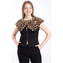 FAVORİ Kadın Fermuarlı Geniş Yakalı Leopar Desenli Yelek Siyah
