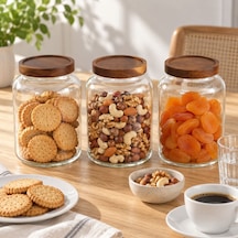 Akasya Kapaklı Cam Kavanoz 2250 Ml- Üçlü Set Kahverengi - Şeffaf