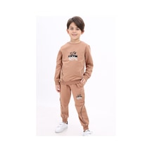 Toontoy Kids Toontoy Erkek Çocuk 2'li Takım Baskılı Bisiklet Yaka Sweatshirt & Beli Paçası Lastikli Jogger Eşofman Altı - Biye Detaylı 2 İplik Kahverengi